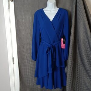 Tahari Arthur S Levine Blue Wrap Dress Tie Waist Tiered Skirt Long Sleeve Size 8